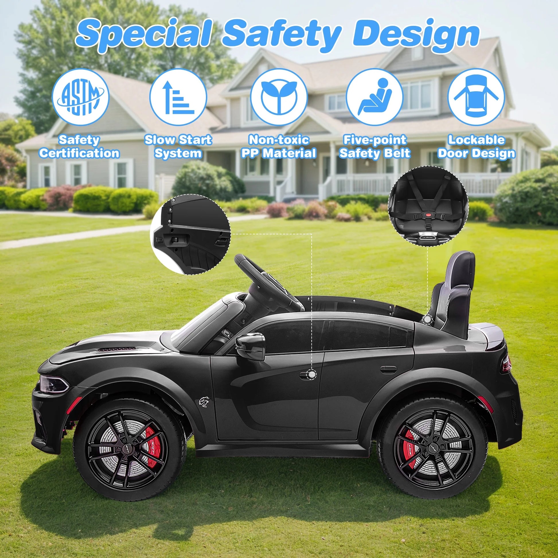 Dodge Electric Ride on Cars for Kids, 12V Licensed Dodge Charger Srt Hellcat Powered Ride on Toys with Parent Remote Control, Electric Car for Boys 3-5 W/Music Player/Led Lights/Safety Belt, Black